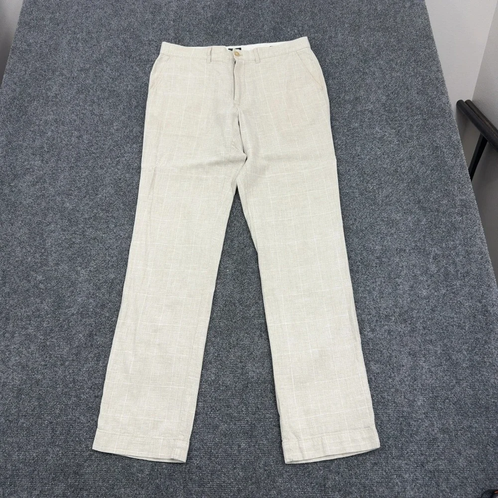 J Crew Pants Men 32x34 Beige Linen Cotton Plaid Straight Leg Chino Preppy Casual